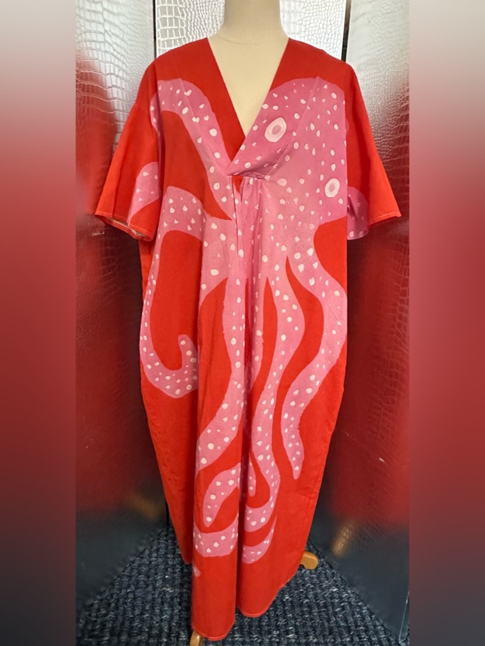 Octopus Pattern Red & Pink Patterned Kaftan Beach Cover Up Coastal Grandma Chic